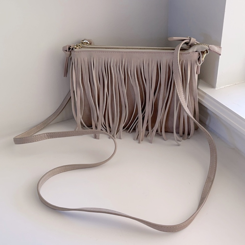 Gray fringe crossbody, gold hardware